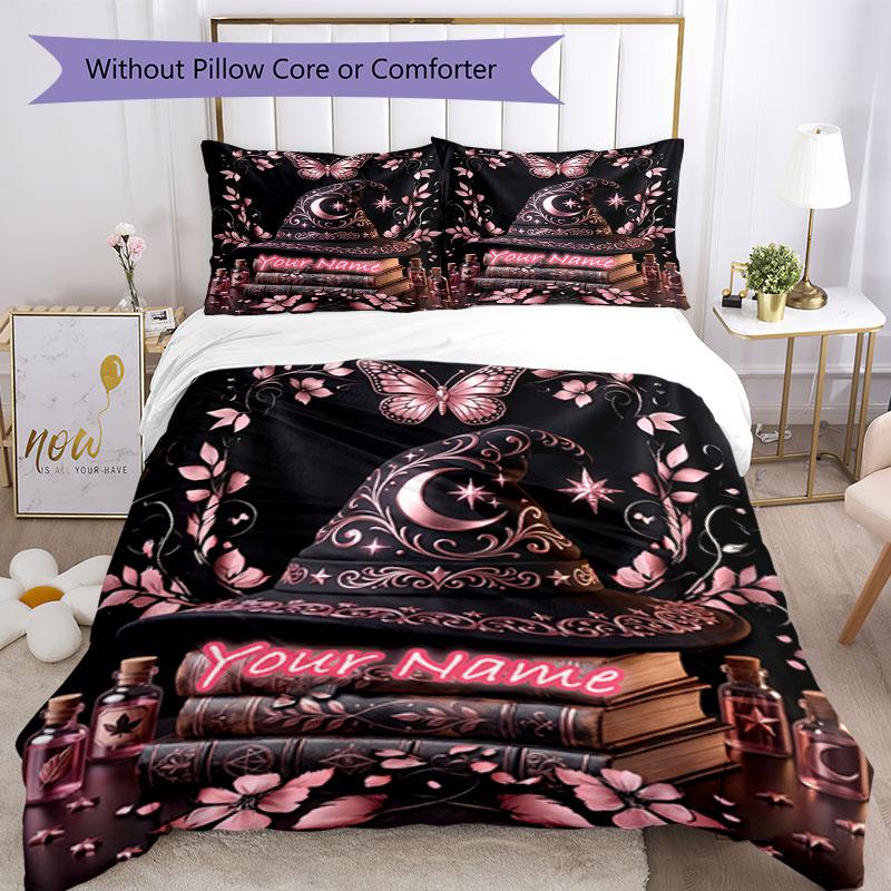3PC Custom Name Witchcraft Magic Art Bedding Set Duvet Cover Closure Includes 1 Duvet Cover & 2 Pillowcases for Bedroom