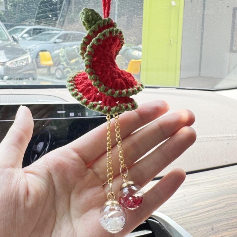 1pcRed Christmas Tree Car Rearview Mirror Pendant Handwoven Car Interior Decoration Holiday Party Crystal Ball Bag Pendant Gift