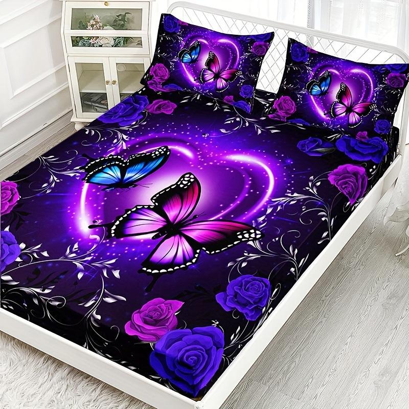 Purple Butterfly Floral Pattern Bed Hat Three-Piece Digital Printing Bedroom Room School Dormitory Bedding