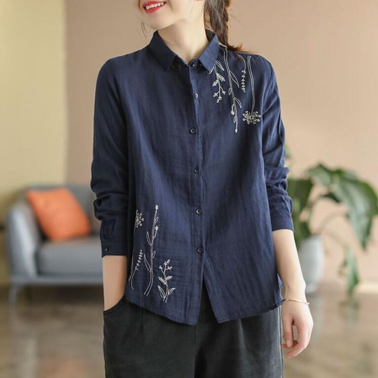 

2024 Новий бавовняний топ, проста жіноча сорочка з довгими рукавами, вільна сорочка з квітковою вишивкою 3XL темно-синього кольору