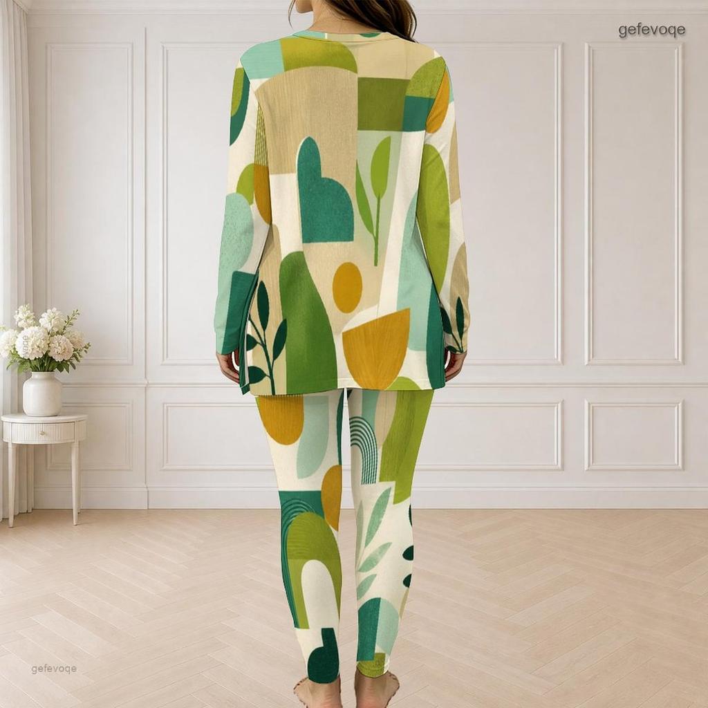 Women Plus Size Geometric Printed Half Zip Long Sleeve Longline Top Fitted Pants Two Piece Set
