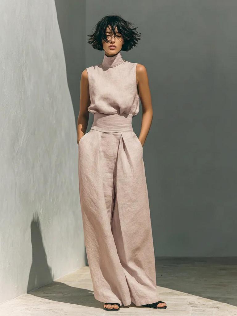 Colección Europea Primavera 2026: Conjunto de Top sin Mangas y Pantalones de Pierna Ancha de Mezcla de Algodón y Lino de Color Sólido para Mujer