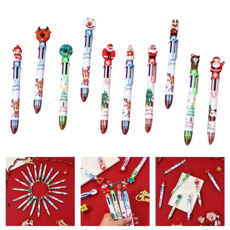 10Pcs Christmas Multicolored Pen 6 Color-in-1 Writing Pens Retractable Colored Ballpoint Pen for Color Coding Journaling