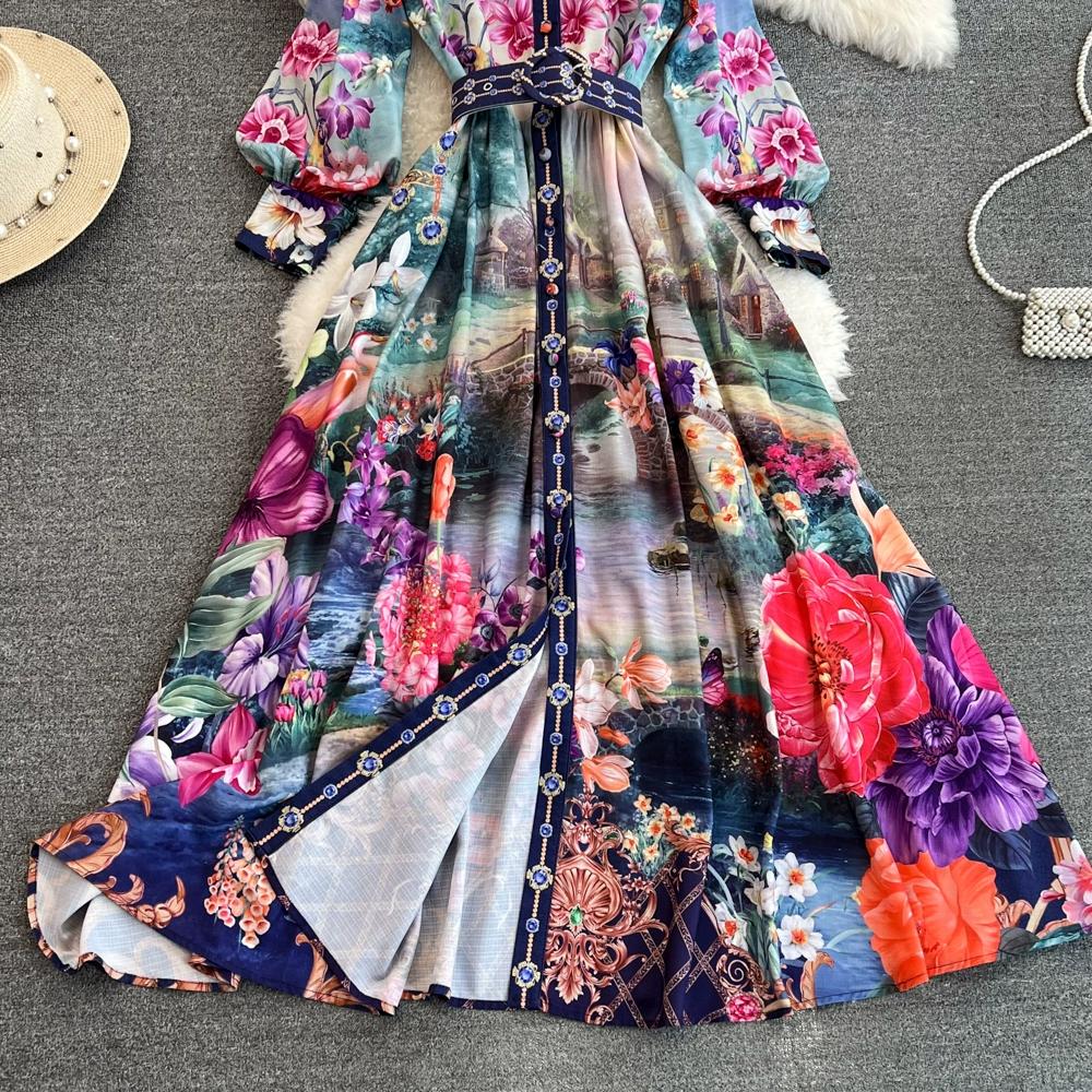 Printemps automne femmes Vintage imprimé col montant robe de piste