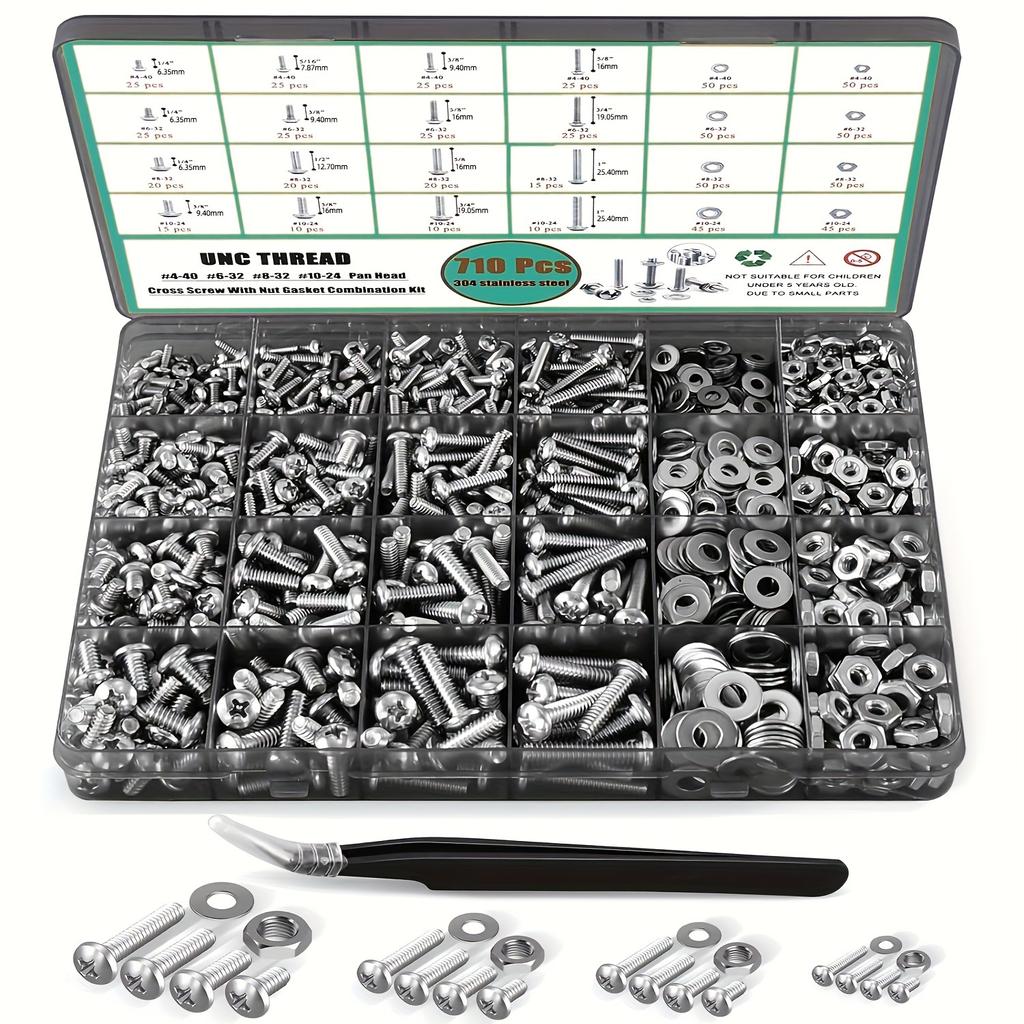 710pcs Stainless Steel Nuts & Bolts Kit with Flat Washers, Phillips Pan Head, #4 To #10 Sizes In Durable Storage Case