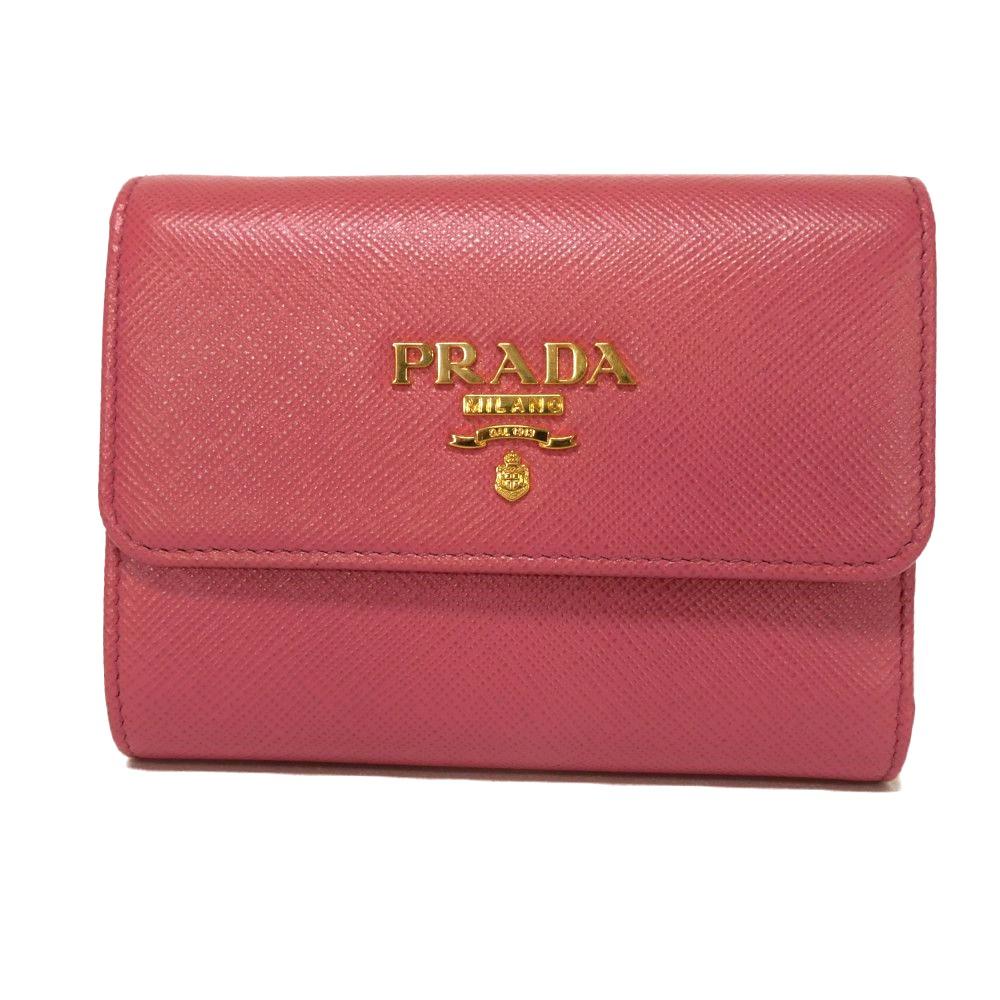 Used 11569 Saffiano Compact Wallet 1MH025 QWA F0505 7942 Pink Trifold Unused Logo Metal Peony Women's from Japan