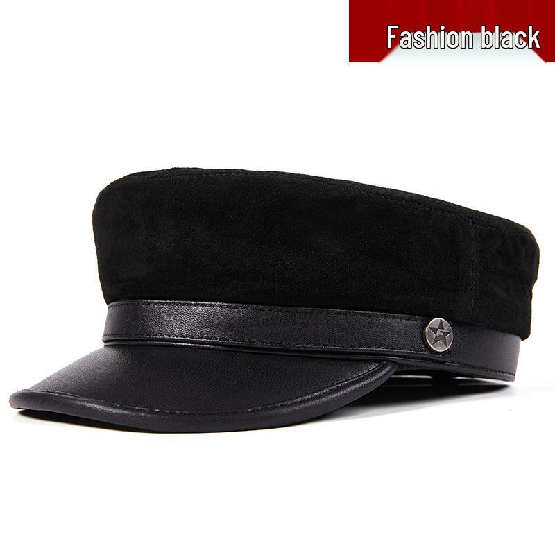 Korean Style Unisex Lambskin Flat Top Hat - Genuine Leather, Trendy, Youth Student Design, Casual, Face-Slimming Look
