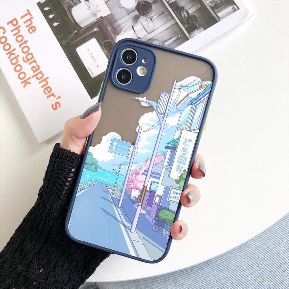 Matte Hülle für iPhone 11 12 13 14 Pm Pro Max XR X 8 7 Plus Pro XS Mini Skin Feeling Cover Japan Anime Handbemalte Hauslandschaft
