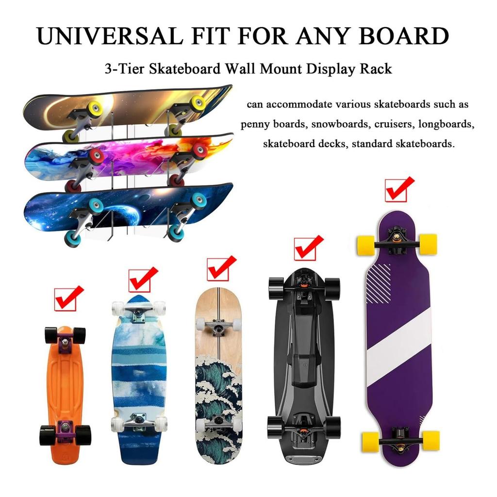 Skateboard Wall Mount Display Rack Acrylic 3 Tier Horizontal Skateboard Wall Display Hanger for Longboards Snowboards