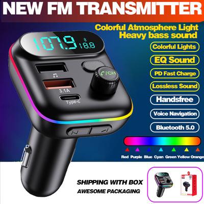 Auto-FM-Transmitter Bluetooth 5.0 mit RGB-Licht, QC3.0-Schnellladegerät, Spannungsüberwachung, Typ-C-Anschluss, Freisprecheinrichtung