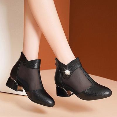 Women's Hollow Out Mesh Boots Chunky Heel 2025 Spring Summer Breathable Leather Ankle Boots Mid Heel White Sandals