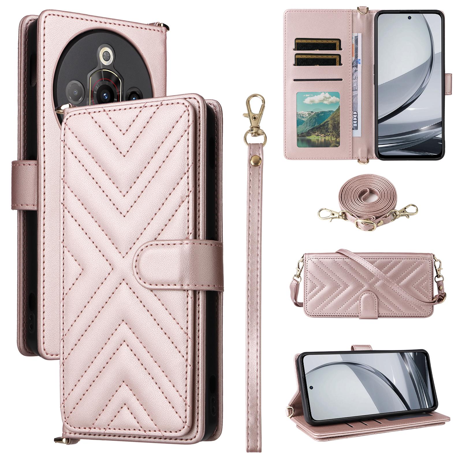 

For ZTE nubia Focus Pro Wallet Case with Shoulder/Wrist Strap Leather Phone Cover Stand Pink