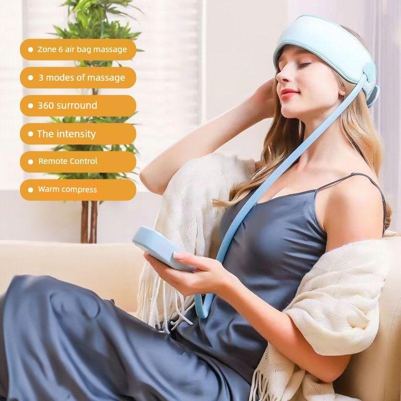 Air Pressure Head Massager Scalp Massager Device Electric Airbag Kneading Hot Compress Temple Forehead Massage Belt Sky Blue