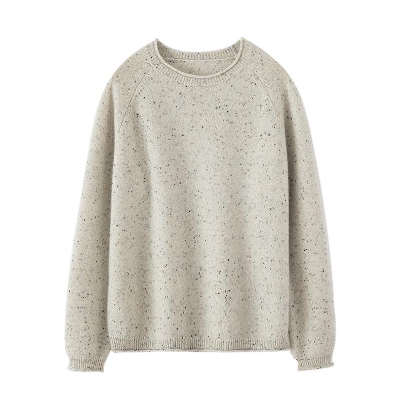 Women's Round Neck Cashmere Sweater - Rolled Hem, Marled Dot Yarn, Warm Knit for Autumn/Winter