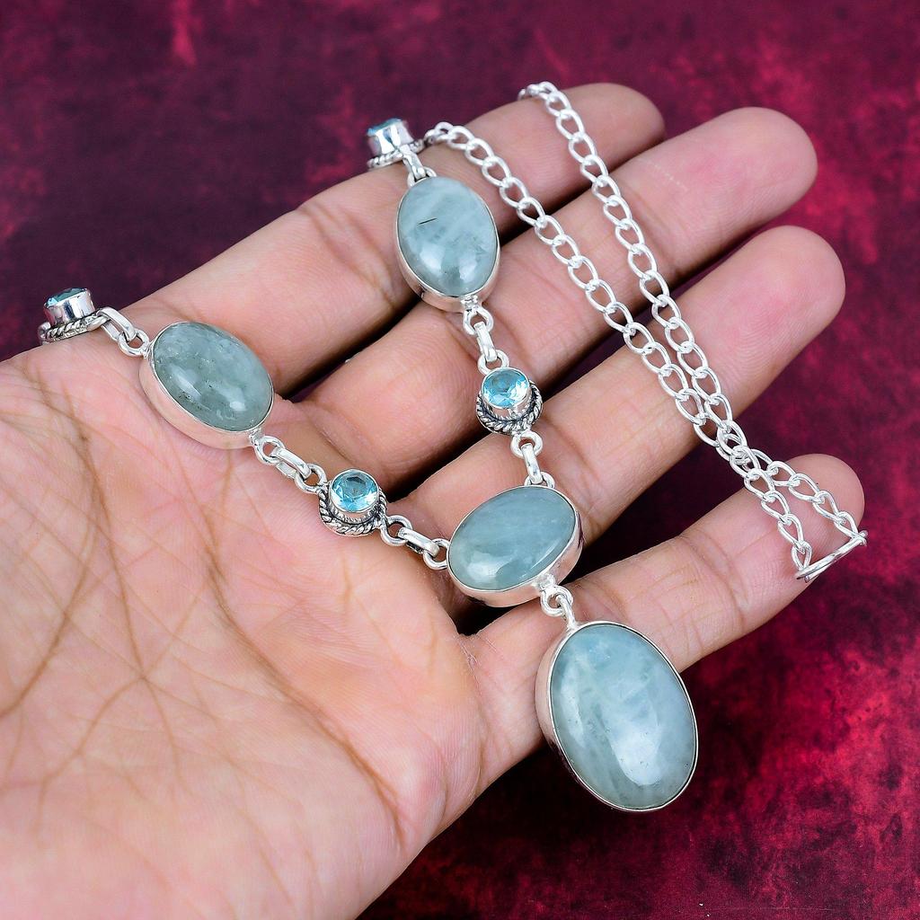 Aquamarine & Blue Topaz Handmade Latest Design Jewelry Necklace, 925 Solid Sterling Silver Gemstone Necklace, Gift For Mother