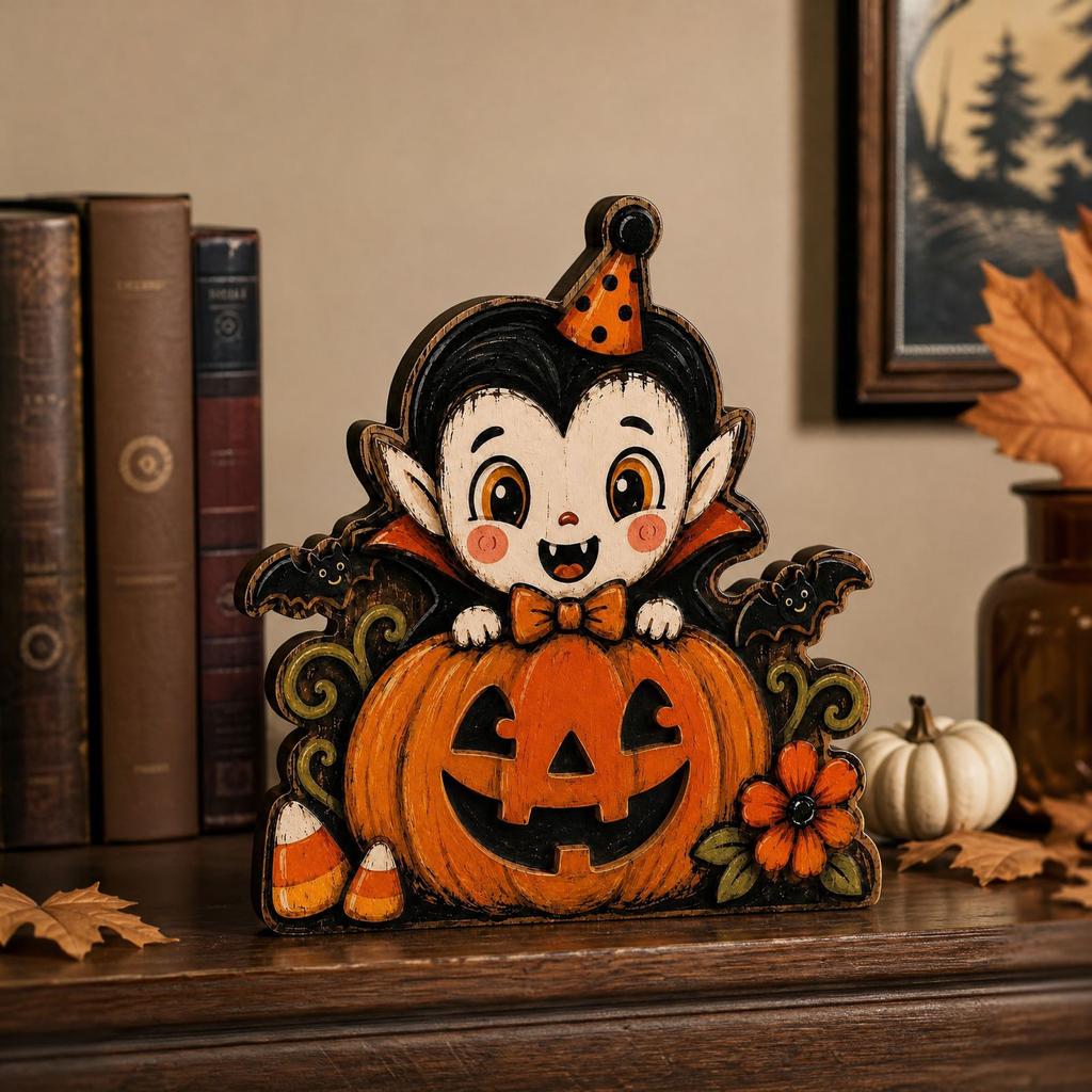 Vintage Wooden Halloween Pumpkin Tabletop Decor with Distressed for Shelf and Mantel Home