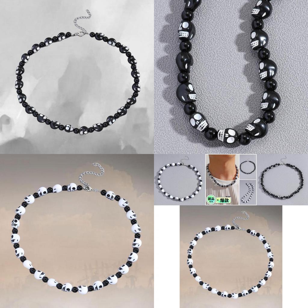Trendige Schwarz-Weiß-Totenkopf-Halskette Perfekt für Halloween