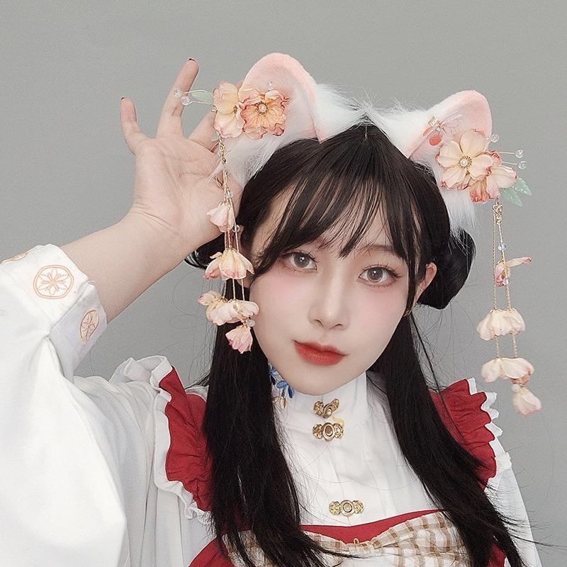 Chinese Niang Fringed Cat Ear Headband Olita Hanfu Animal Ear Cos Accessories Antique Cat Ears Cat Tail Set