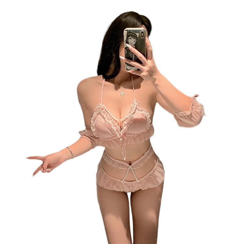 Sexy Lingerie Female Sexy Three-point Purple Pure Desire Temptation Suit Hot Split Pearl Bra Panties Uniform