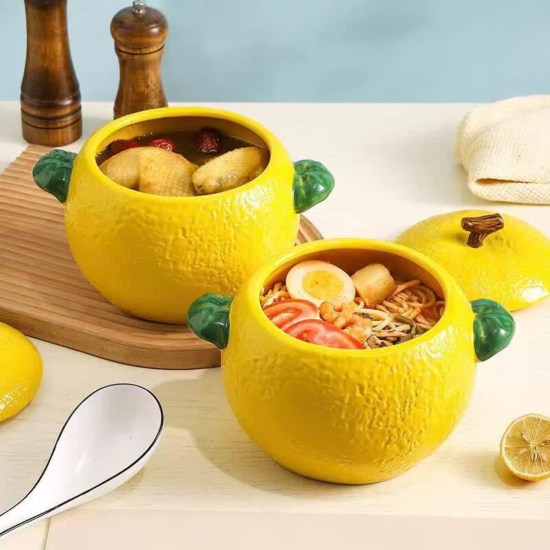 ZISIZ Lemon Ceramic Soup Bowl with Lid