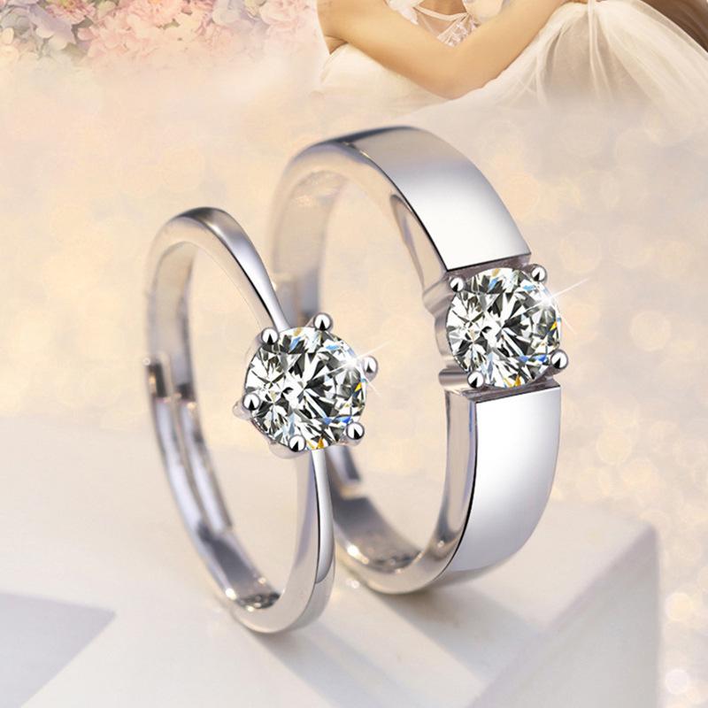 Adjustable Zircon Couple Rings - European & American Style, Korean Design with Six-Prong & Four-Prong Options Adjustable Opening