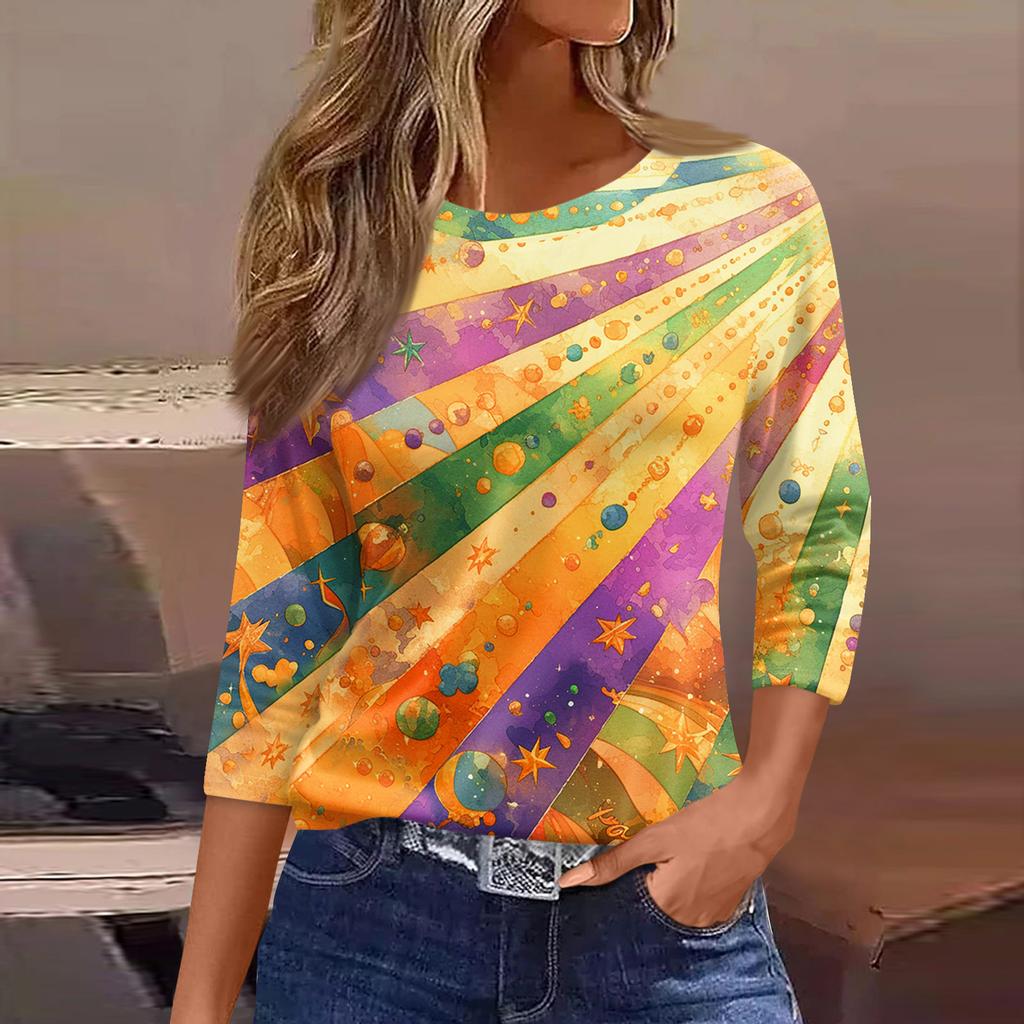 3/4 Length Sleeve Womens Tops Floral Print Vintage Fashion Casual Loose With Round Neck Plus Size Shirts