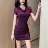 Sexy royal sister swinging collar purple pleated dress temperament waist tight hip short skirt summer women's clothing