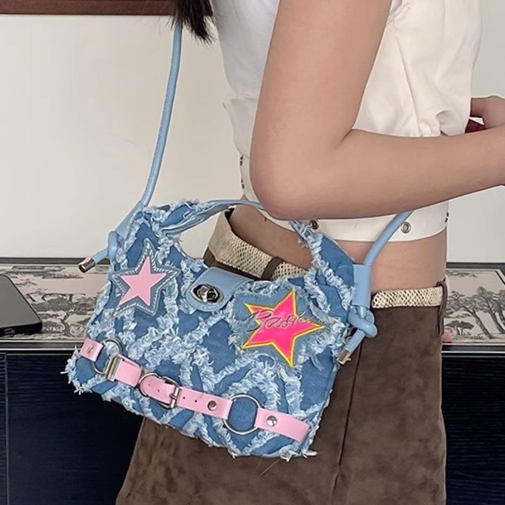 Spice Girl Denim Handbag Harajuku Underarm Shoulder Bag Casual Pink Star Crossbody Bag  Girls