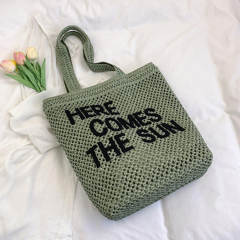 Mesh Tote Bag Women Summer Beach Handbag with Bold Lettering Casual Everyday Shopping Bag