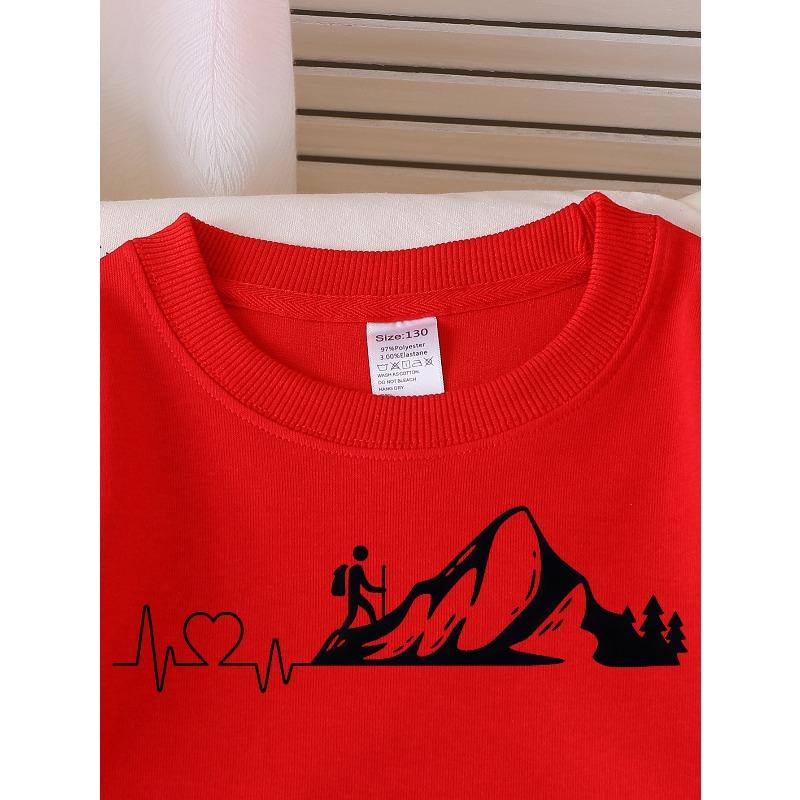 European Sizes Girls' Soft Crewneck Sweatshirt Mountain Hiker Heartbeat Adventure Print, Casual All-Match for Fall Winter, Ideal Present.