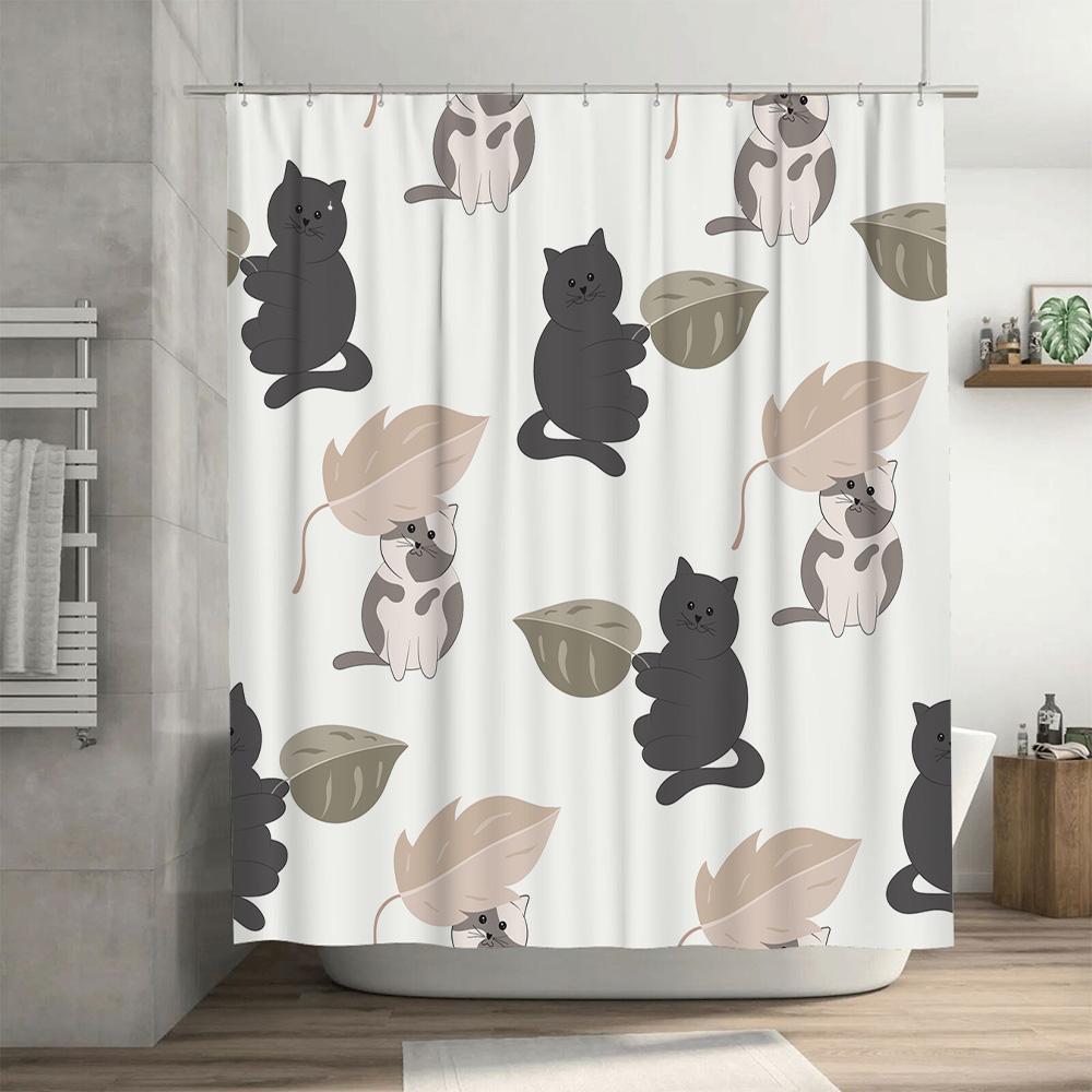 White Shower Curtain With Black Grey Cats And Leaves Decorative Bathroom Accessories For Home Decoration