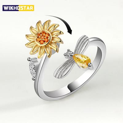 925 Sterling Silver Sunflower Diamond Zircon Rotatable Ring For Women Gift Relieve Stress Ring Jewelry Wholesale