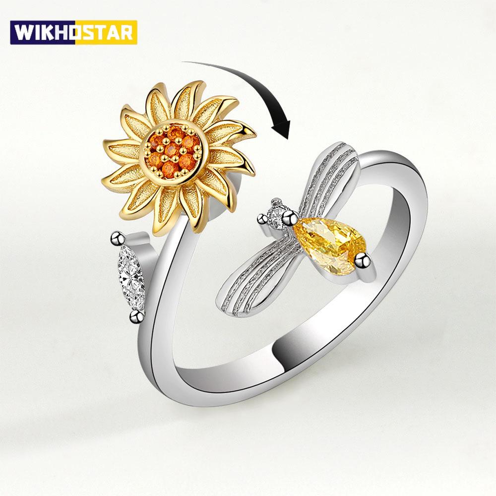 925 Sterling Silver Sunflower Diamond Zircon Rotatable Ring For Women Gift Relieve Stress Ring Jewelry Wholesale