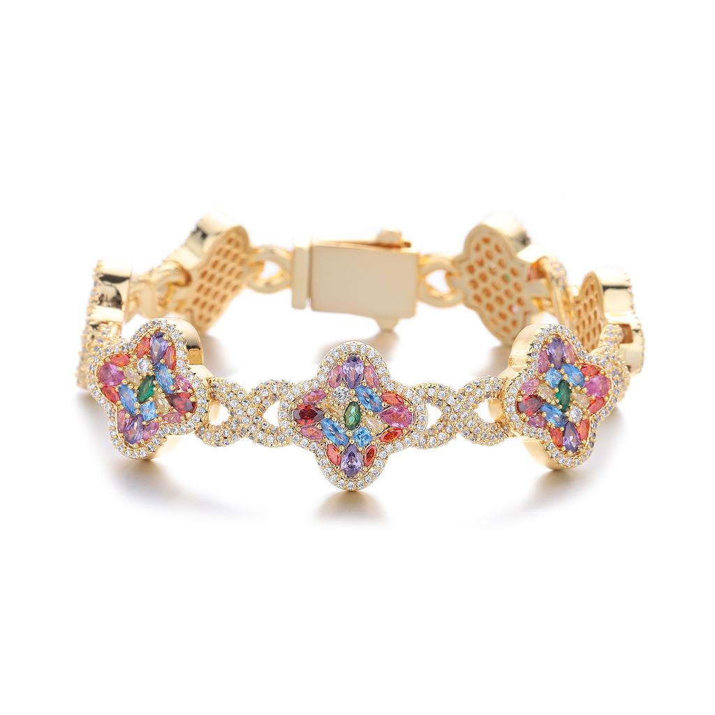 Luxury Iced Out Colorful CZ Four Leaf Clover Infinity Link Bracelet 18K Gold Plated Brass Lucky Jewelry for Women Men