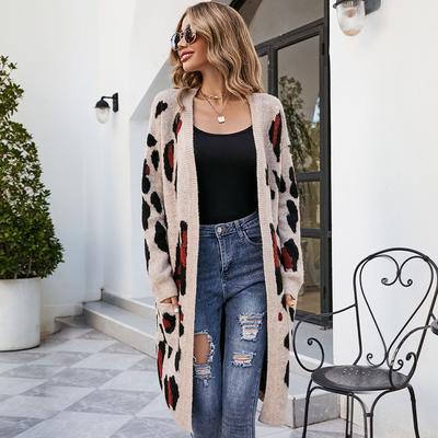 Winter Women's V-Neck Leopard Knit Cardigan Halloween Sweater Long Coat Fashion Casual