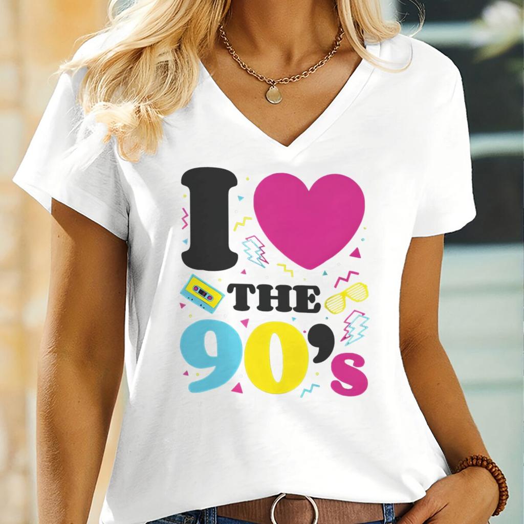 I Love The 90's Retro Themed V-neck T-shirt Women Men Short Sleeve Classic Birthday Commemorate Streetwear Fashion 90s Tees