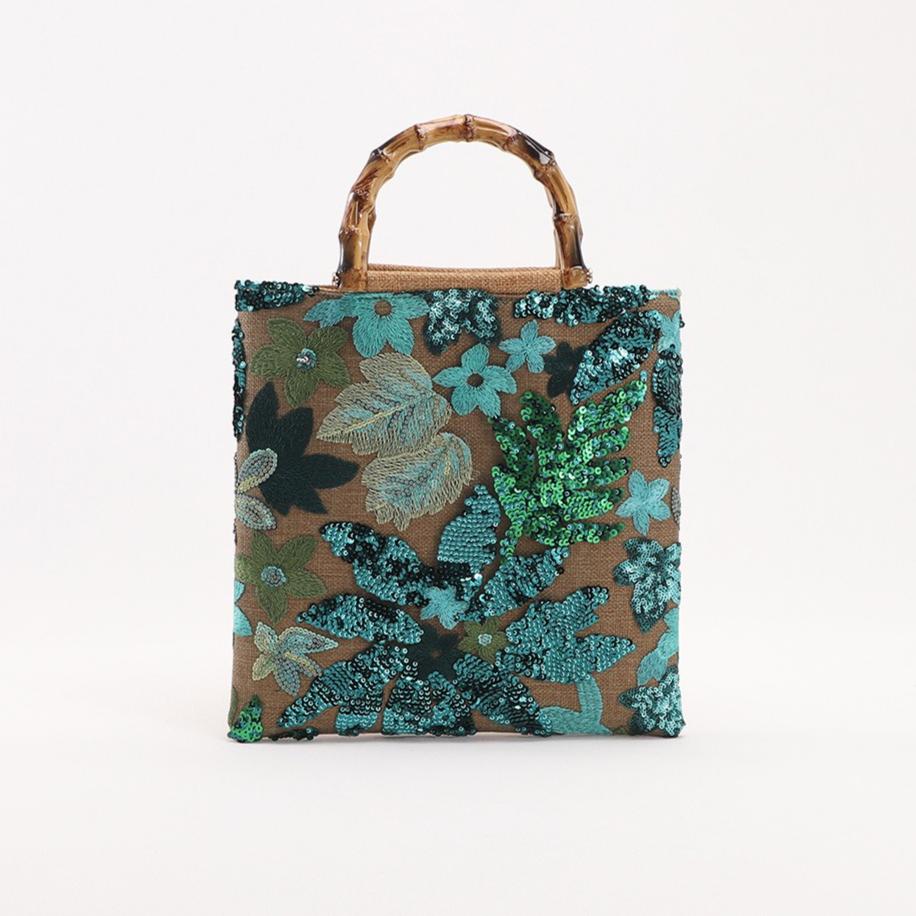 Elegant Ladies Embroidery Tote Bag Retro Sequin Floral Pattern Bag Bamboo Handle Handbag Dating Gift for Women