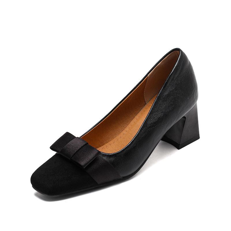 New Comfortable and Casual Small Leather Shoes Women's Rubber Sole Large Size Medium Heel Square Head Women's Shoes Square Heel Suede Four-season Sing