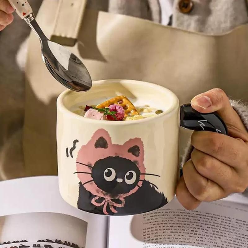 Roztomilý keramický hrnek s víčkem s kočkou, šálek na kávu, hrnek na pití, kancelářský dárek, praktický dárek k narozeninám