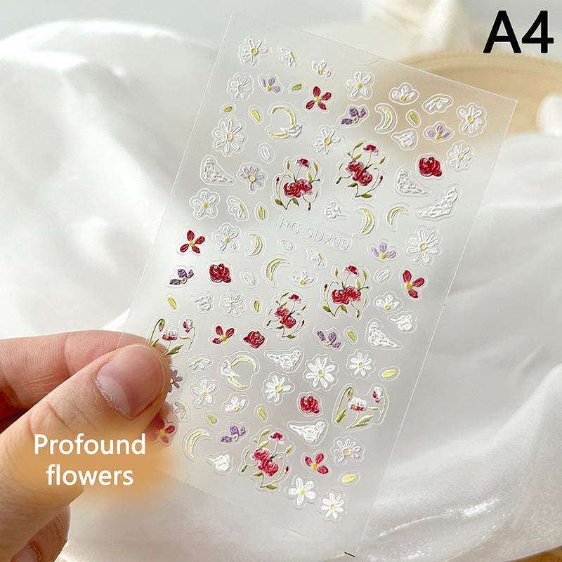 

5D Рельефные наклейки для ногтей с цветочным принтом Kawaii Flower Adhesive Nail Decorations Decals Diy Manicure Accessories A4