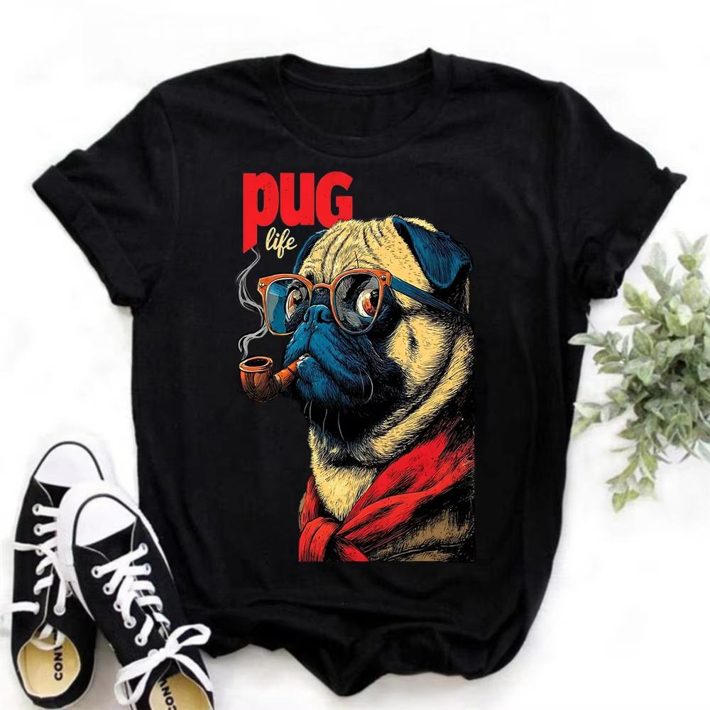 Unisex Retro Pug Dog Tshirt Funny Comic Puppy Graphic Crewneck Casual Pet Lover Trendy Streetwear Daily Tee Top