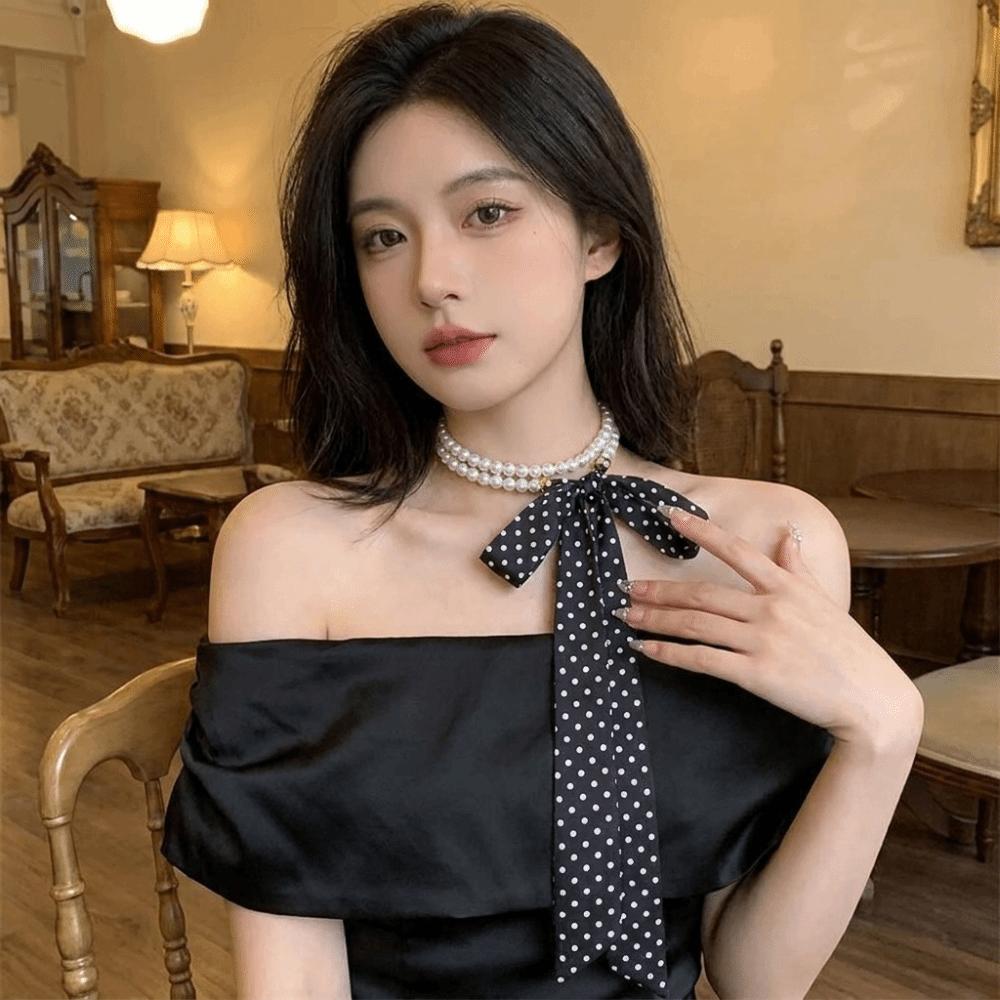 Silk Polka Dot Scarf Necklace Faux Pearl Ribbon Neckband Trendy Choker Daily