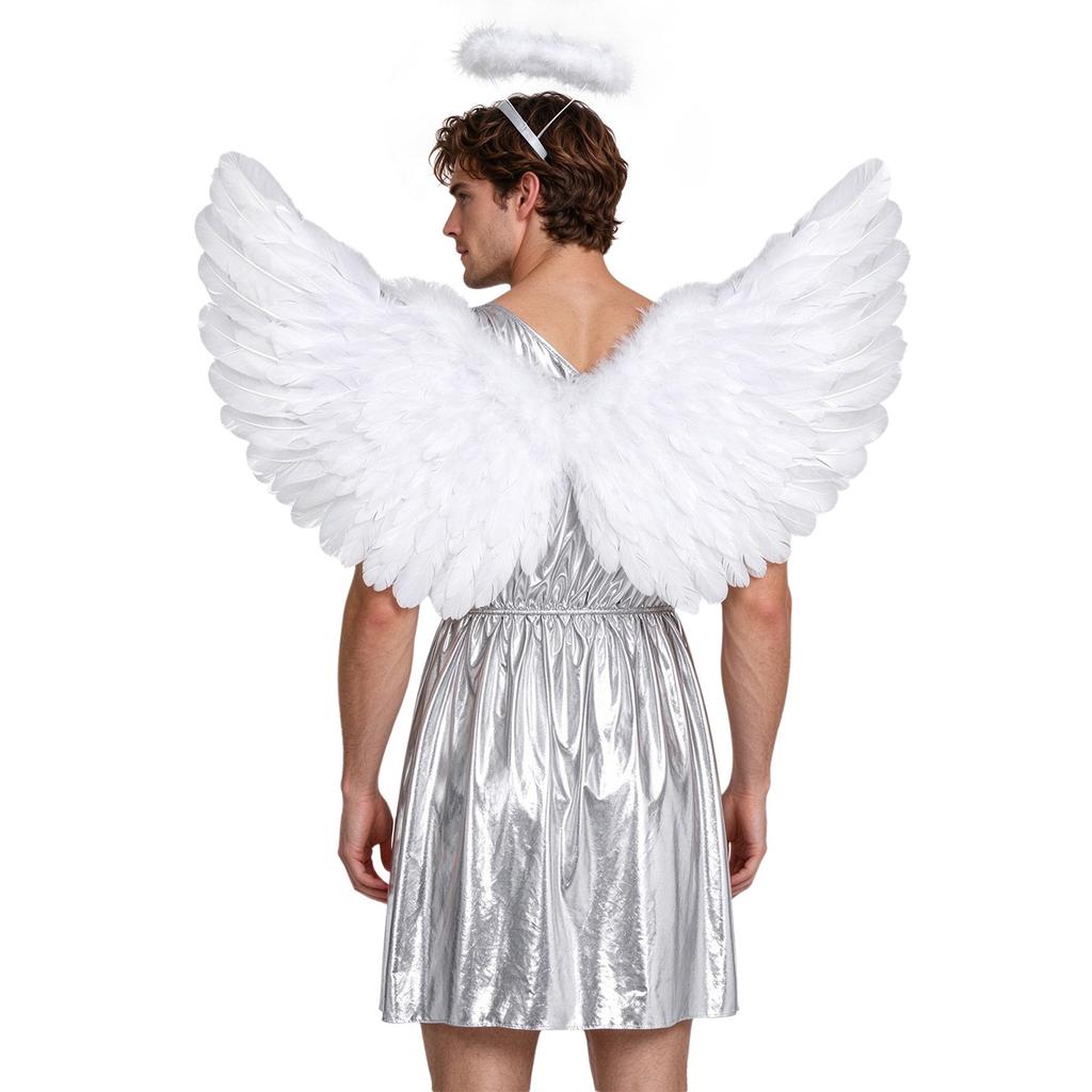 Costume Toga Greco Romano Mitologico da Uomo Tunica Metallizzata Monospalla con Ali e Copricapo per Festa Cosplay di Halloween