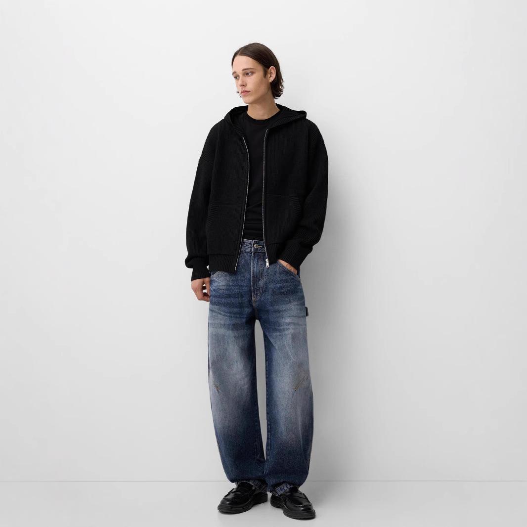 Mid-rise retro slim-fit fashion jeans, loose wide-leg denim pants for men S темно-синий