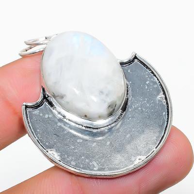 Natural Rainbow Moonstone Gemstone 925 Sterling Silver Pendant 1.89" Q9N69