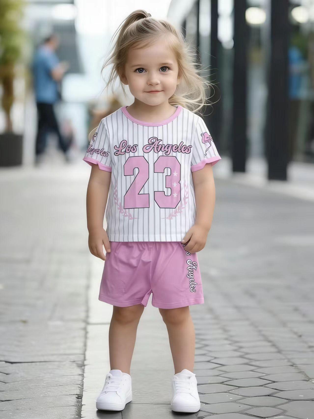 

Toddler Girls Cute 23 Print 2-Piece Outfit, Summer Pink Striped Casual Clothes for Kids, Perfect for Playwear & Outdoor 1-2Y розовый