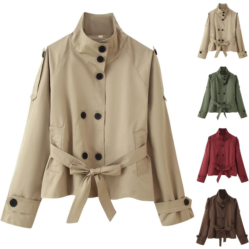Women's Cropped Trench Coat Double Breasted Short Jacket High Collar Fall Winter Coats Trendy Outfit With Belt