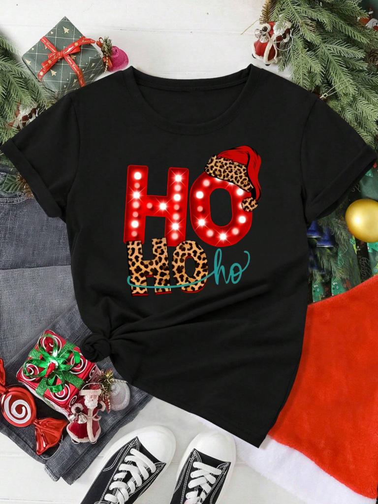 HO HO HO Christmas Hat Pattern Tshirt Loose Breathable Holiday Activities Shortsleeved Tshirt Unisex Women Unisex Casual Tops