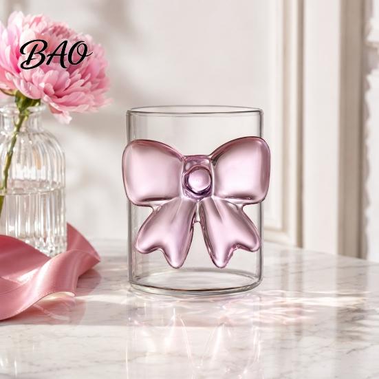 Hot And Cold Resistant Cup Bow Glass Cup, Breakfast Milk Coffee Mug, 300ml Whiskey Tumbler for Home Bar Glassware Juice, Heat Tea Decor Gift