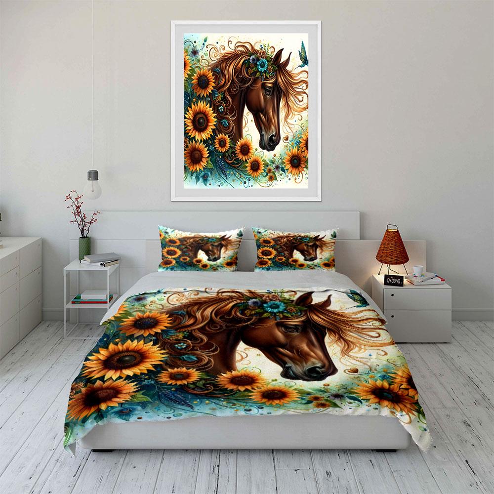 Sunflower Horse Art Set Multiple Sizes Kid'S And Adults' Bedroom Exquisite 3Pc Bedding Set, Gift